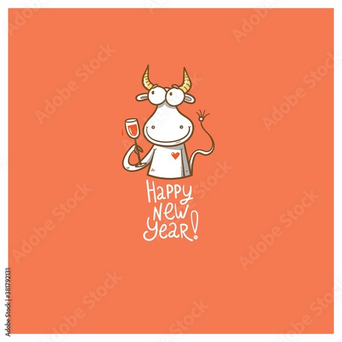 New Year card with a bull. Chinese calendar symbol. Vector holiday poster. Funny animal.