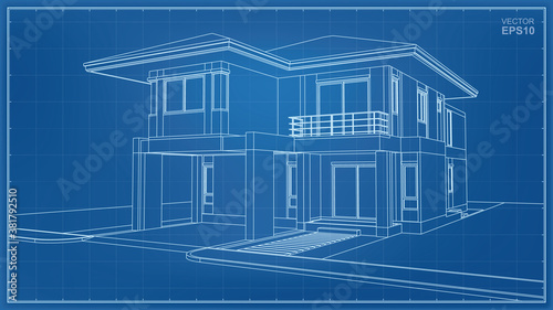 3D perspective wireframe of house exterior. Vector.