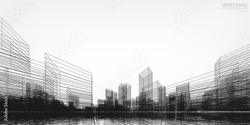 Wireframe city background. Perspective 3D render of building wireframe. Vector.
