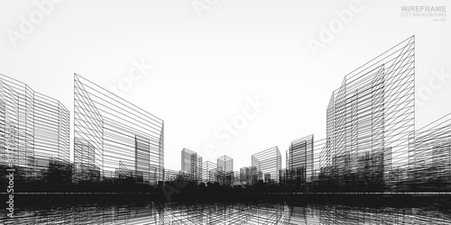 Wireframe city background. Perspective 3D render of building wireframe. Vector.