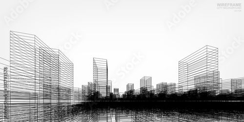 Wireframe city background. Perspective 3D render of building wireframe. Vector.