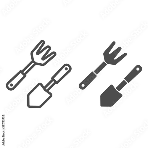 Spatula and small rake line and solid icon, gardening concept, set of hand garden tools for digging and loosening ground sign on white background, Garden fork and shovel icon in outline style. Vector.