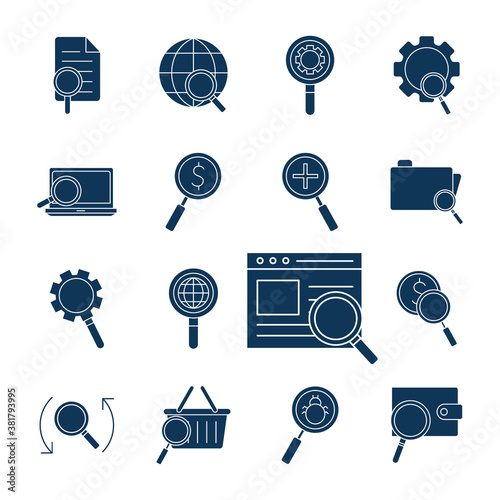 lupe and search silhouette style set of icon vector design