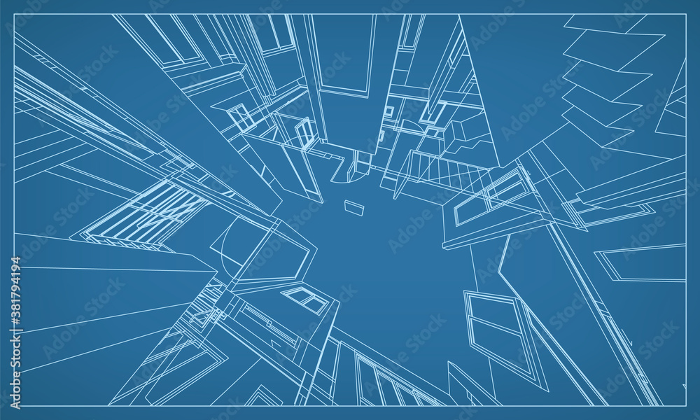 3D perspective render of building wireframe structure. Abstract construction graphic idea. Vector.