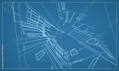3D perspective render of building wireframe structure. Abstract construction graphic idea. Vector.