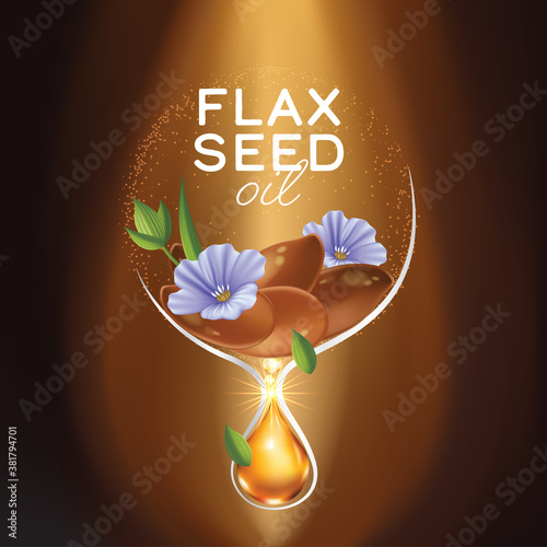 linseed oil, flaxseed and flowers vector illustration