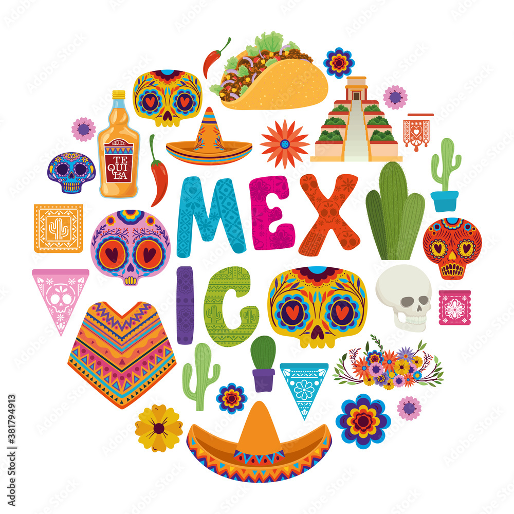 icon set circle and mexico day of the dead vector design