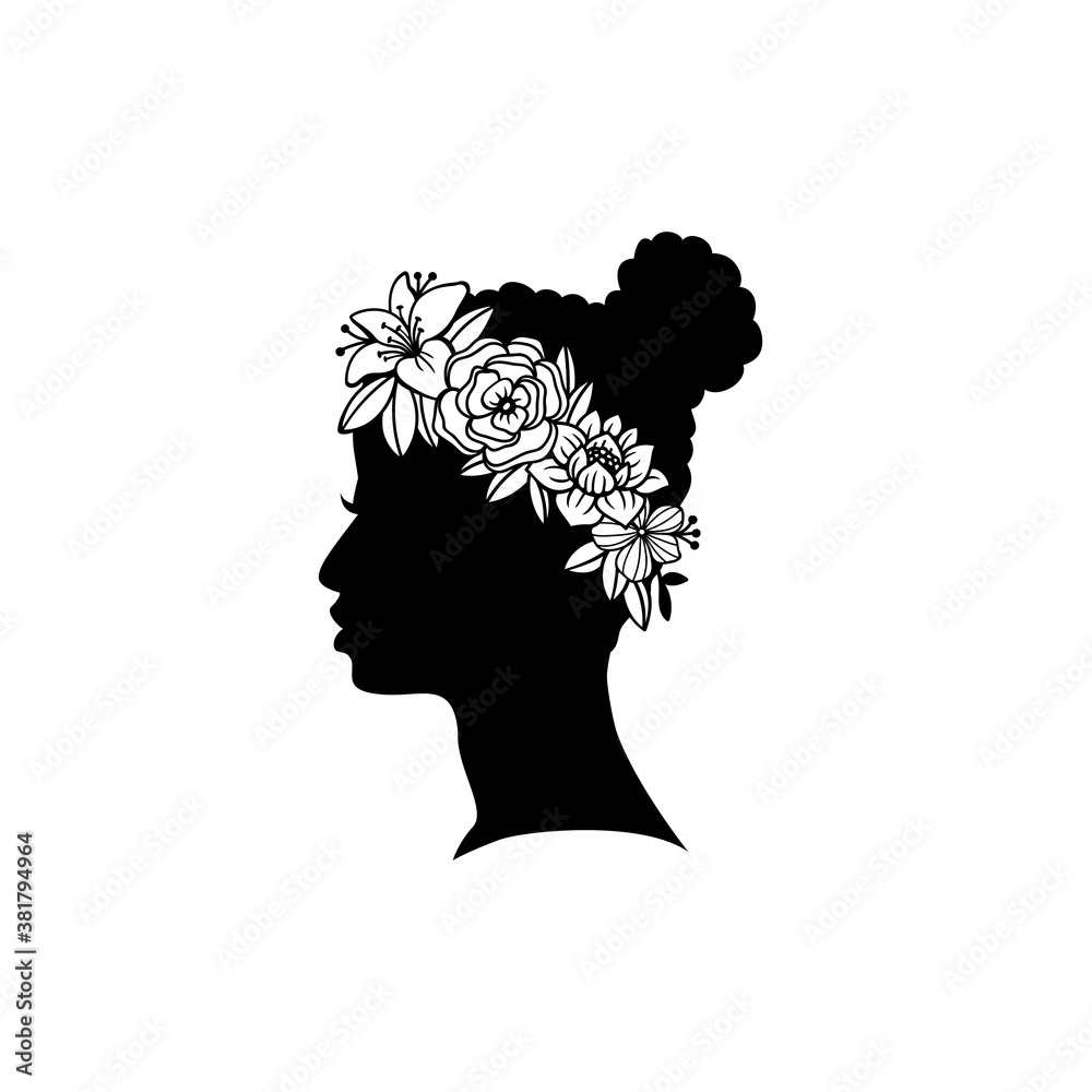 Silhouette young female hairstyle with flowers Silhouette young female hairstyle with flowers