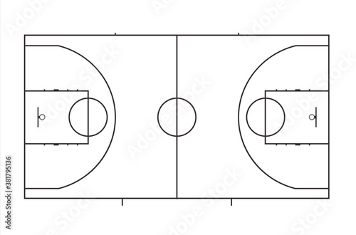 Basketball field layout with markings. View from above. Black and white plan. Vector illustration isolated on white background. Line art style.