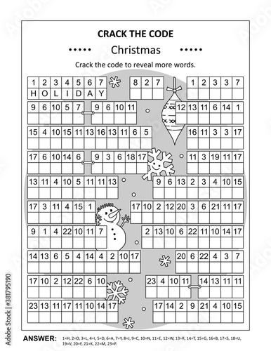 Crack the code word game, or codebreaker word puzzle, with various Christmas holiday related words and phrases. Answer included.
