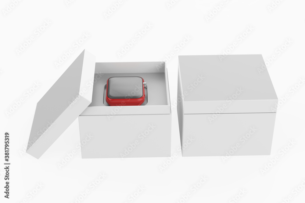 smart watch with hard box packaging for branding and mock up 3d render. 3d illustration smart watch with hard box packaging for branding and mock up 3d render. 3d illustration