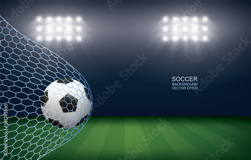Soccer ball in goal. Football ball and white net in soccer field stadium background. Vector.