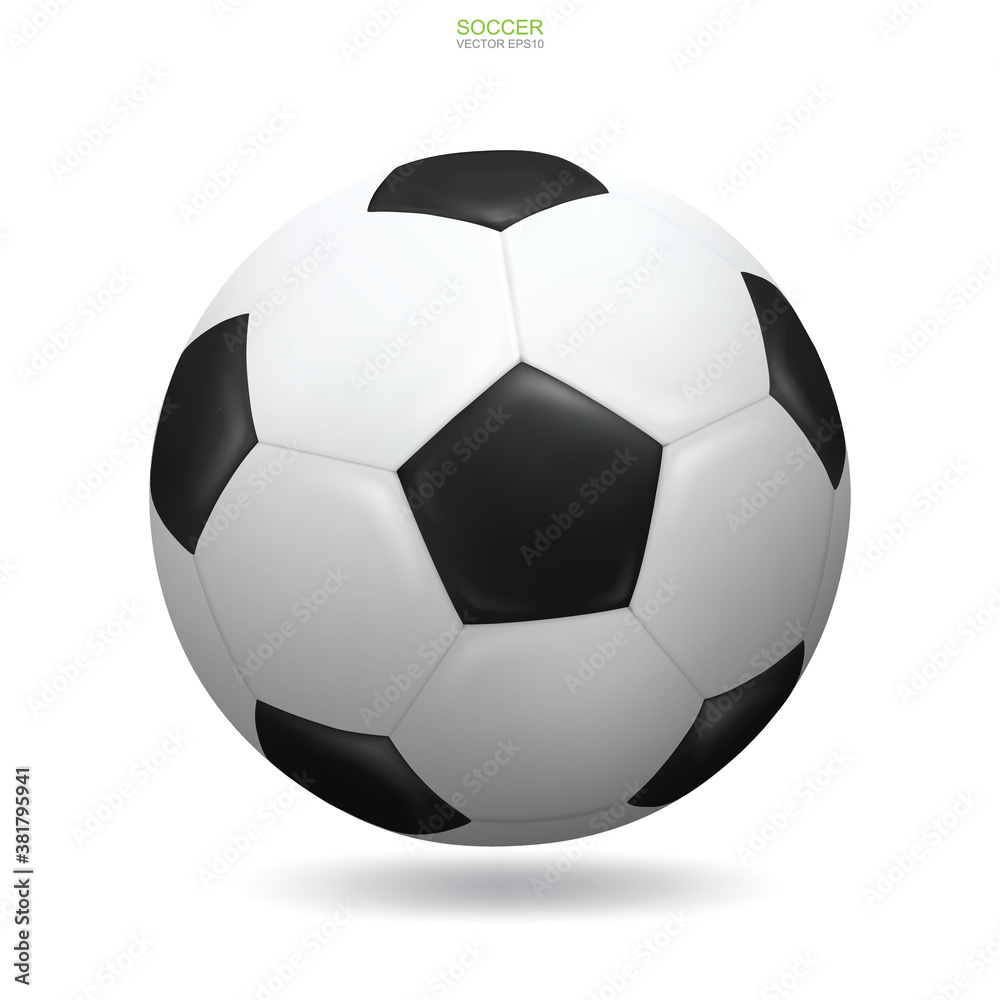 Realistic soccer football ball on white background with soft shadow. Vector.