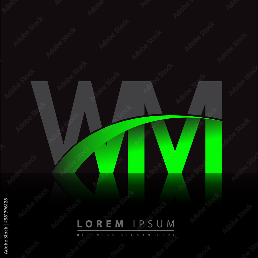 initial letter WM logotype company name colored green and black swoosh initial letter WM logotype company name colored green and black swoosh