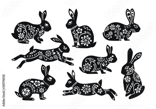Set of easter rabbit decorations isolated on white background