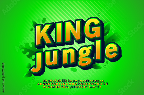 Detailed font effect for headline and logo design, green and bold alphabet, realistic 3d font with shadow and texture pattern, isolated with tropical leaf and green background.