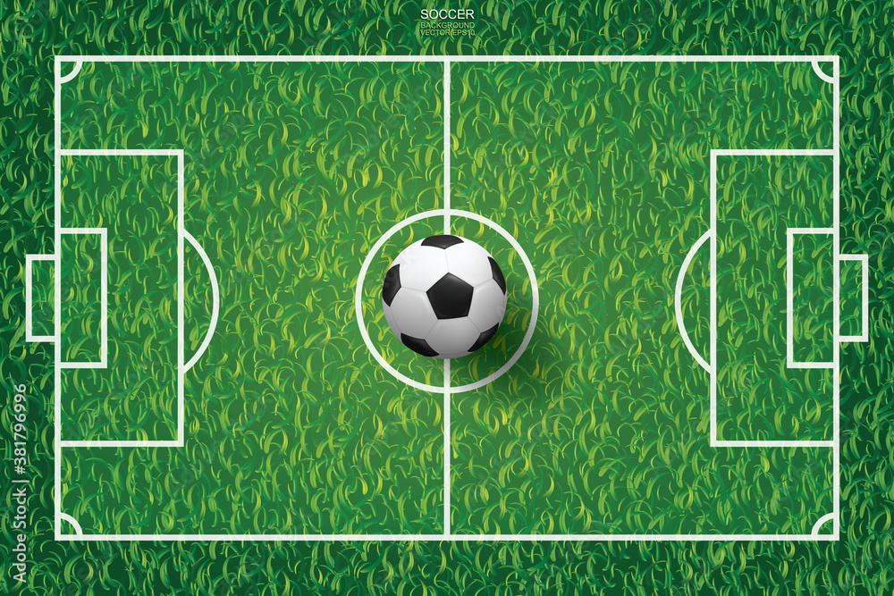 Soccer football ball on green grass of soccer field pattern and texture background. Vector. Soccer football ball on green grass of soccer field pattern and texture background. Vector.