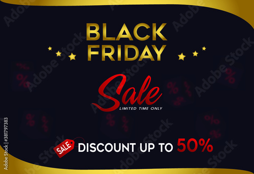Black Friday super sale limited offer, red and black abstract banner layout in flat Free design Vector template with dark golden background.