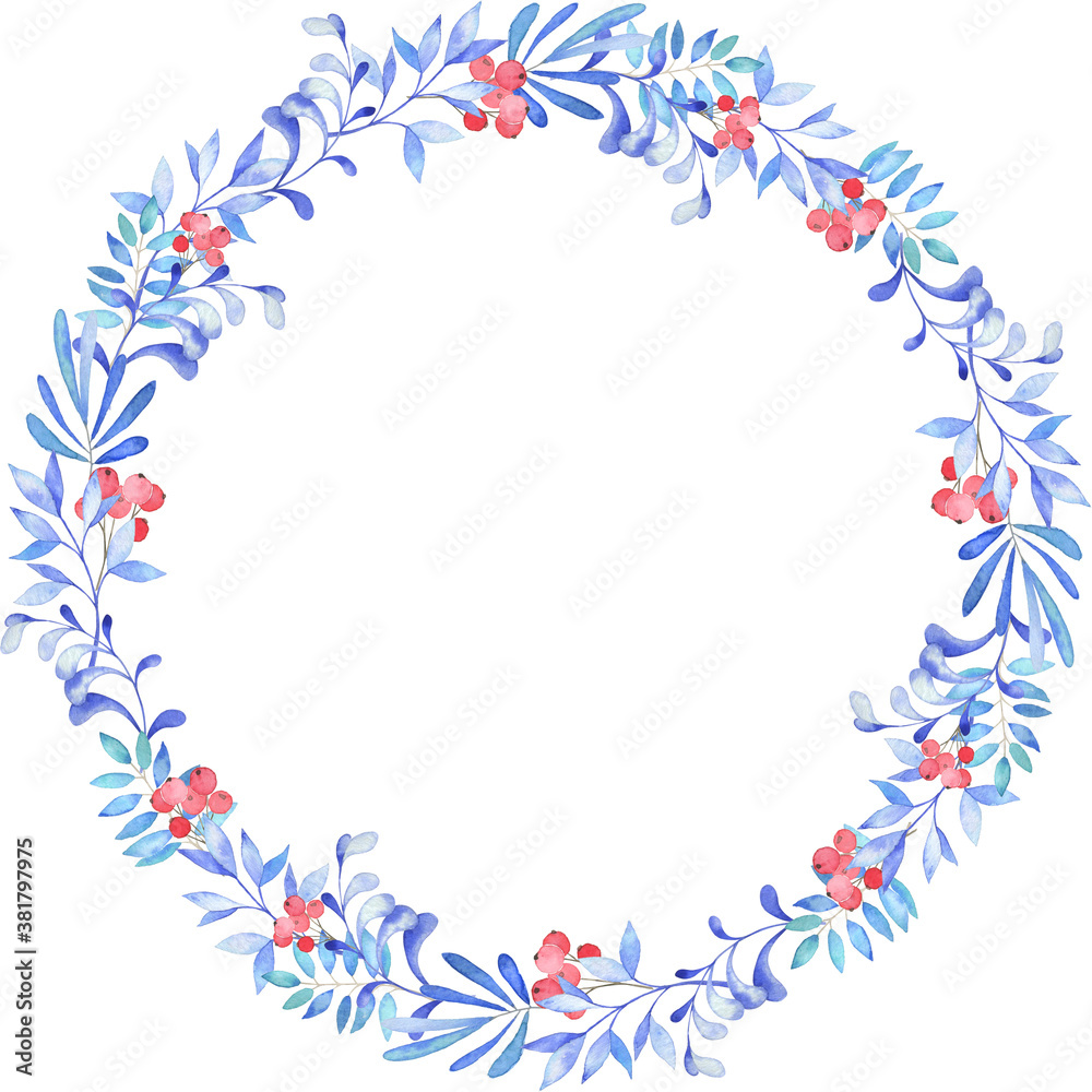 Watercolor winter christmas frame wreath blue red new year
