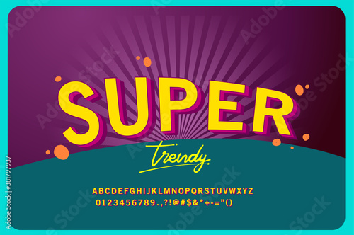 Comics style font design, alphabet letters and numbers, classic and retro style.