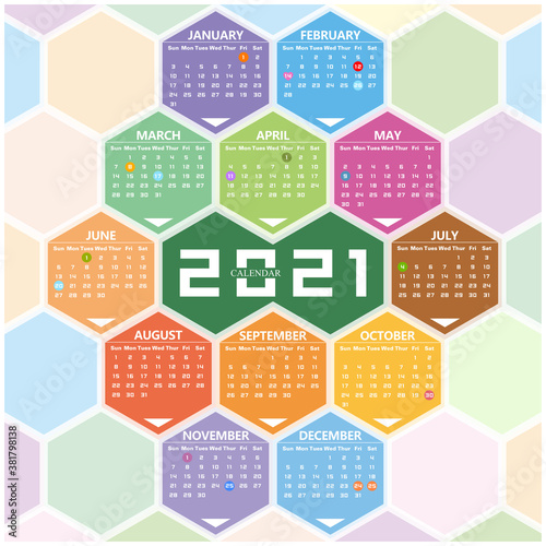 Vector year of 2021 calendar with hexagon background