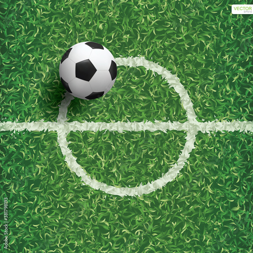 Soccer football ball on green grass of soccer field with center line area. Vector.