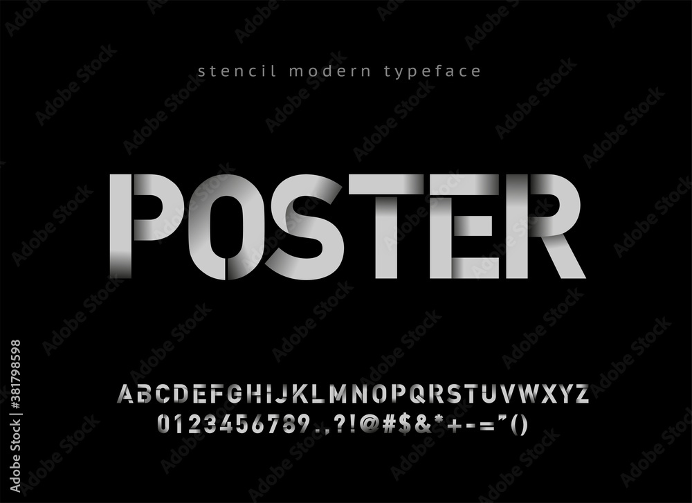 Modern Stencil Typeface and uppercase alphabet letters and numbers vector illustration