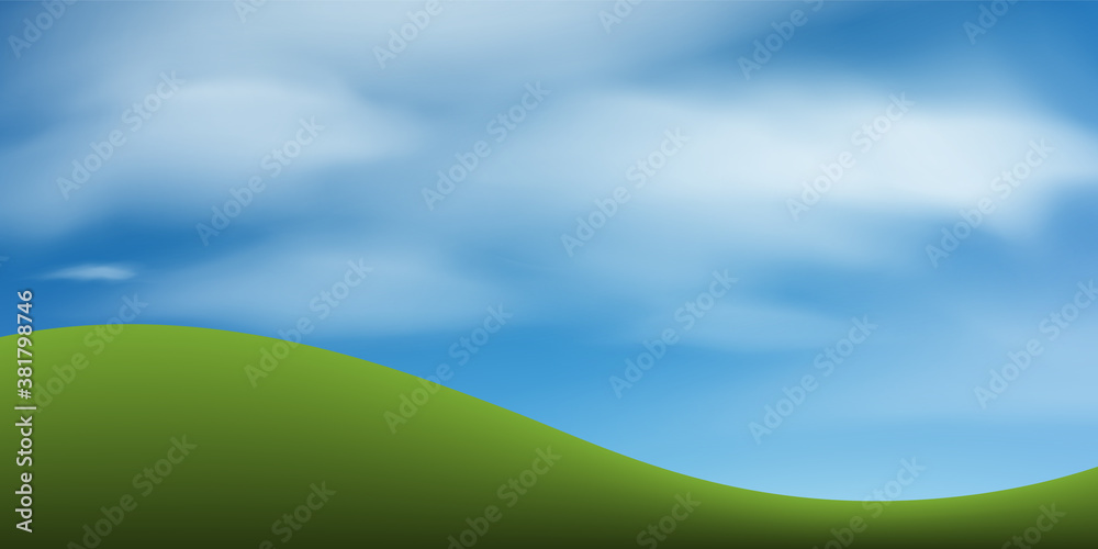 Green grass hill or mountain with blue sky. Abstract background park and outdoor for landscape design idea. Vector.