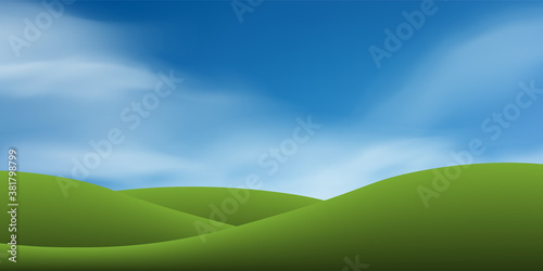 Green grass hill or mountain with blue sky. Abstract background park and outdoor for landscape design idea. Vector.