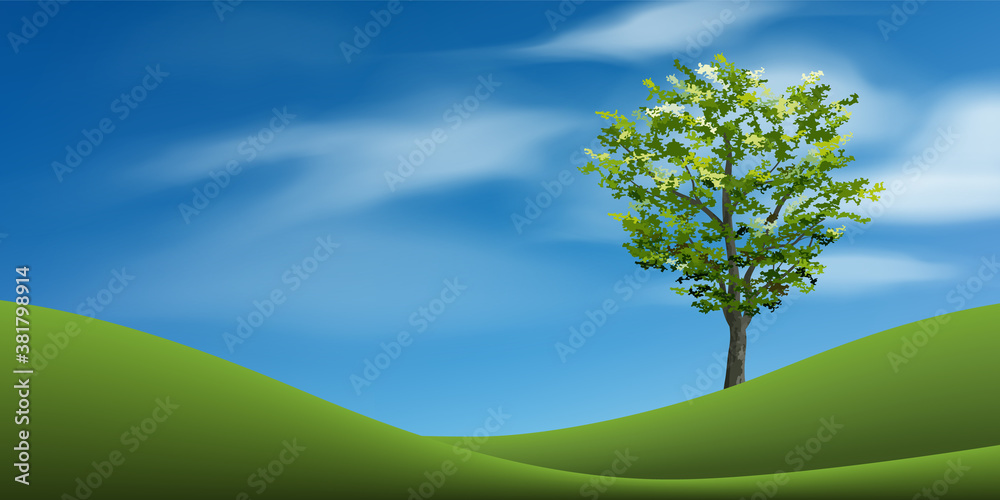 Tree with green grass hill or mountain area and blue sky. Abstract background park and outdoor for landscape design idea. Vector. Tree with green grass hill or mountain area and blue sky. Abstract background park and outdoor for landscape design idea. Vector.