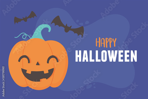 happy halloween smiling pumpkin and flying bats cards