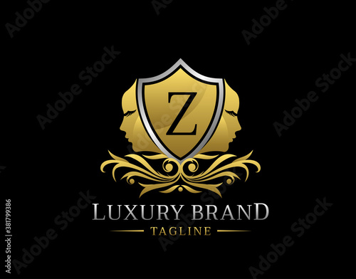 Royal Beauty Logo With Z Letter. Elegant Gold Shield badge With Beauty Face Shape perfect for salon, spa, cosmetic, Boutique, Jewelry.