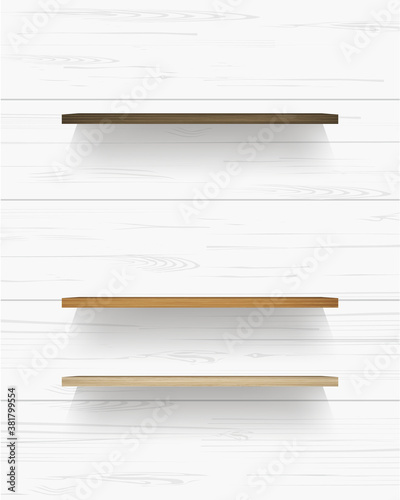 Wooden shelf on white wooden wall background with soft shadow. Vector.