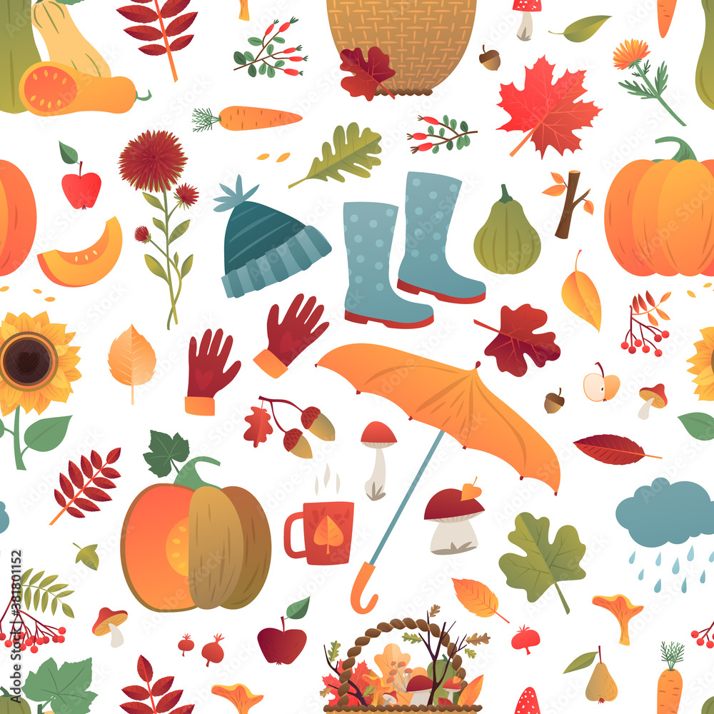 Happy Fall Autumn Seamless Pattern. Cartoon yellow plants, food, warm socks, mushrooms and leaves. Harvest festival and thanksgiving day pattern for card, poster and print.