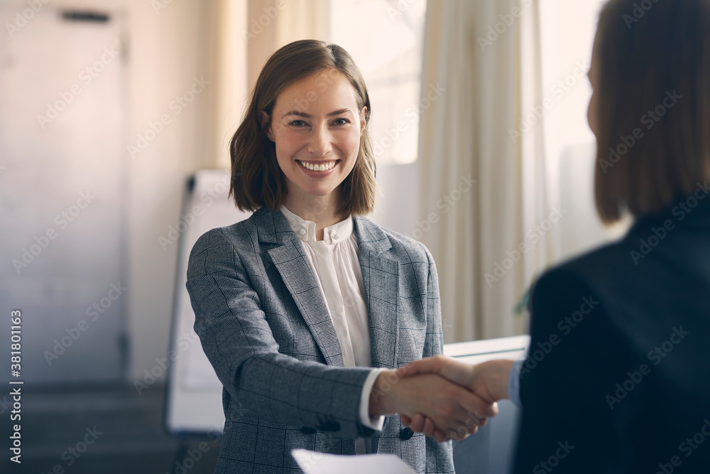 Portrait of happy businesswoman shaking hand with another businesswoman Portrait of happy businesswoman shaking hand with another businesswoman