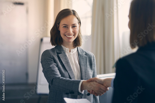 Portrait of happy businesswoman shaking hand with another businesswoman