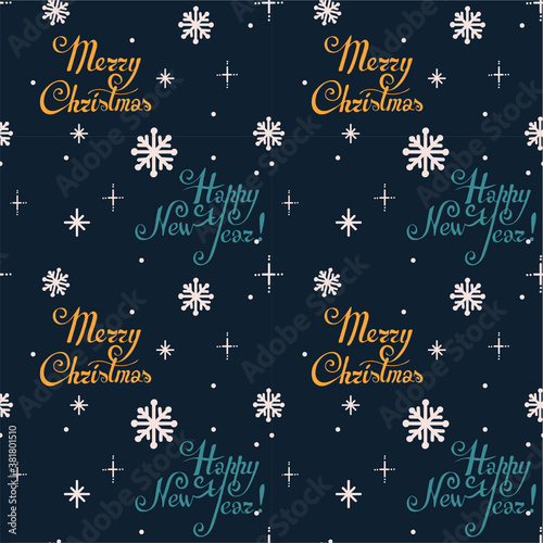 Seamless vector pattern with winter smowflake, snowfall. Christmas pattern. Dark blue background. Lettering Merry Christmas ans Happy New Year