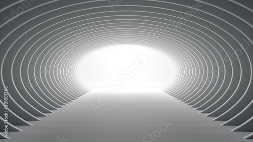 Fototapeta Naklejka Na Ścianę i Meble -  Futuristic elliptical white tunnel with light at the end 3D Illustration