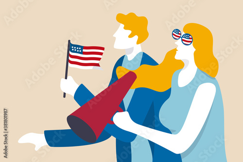 US Presidential election, United States leader vote or people voters waiting for presidential result concept, excite young people US voters hold megaphone and US national flag waiting for vote result.