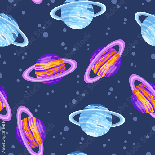 Saturn and Uranus abstract seamless space pattern background with planets with rings. Solar system planets children wallpaper texture tile. Vector stock image