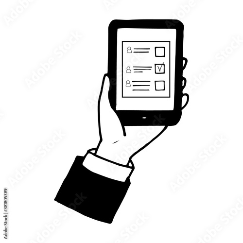 hand holds the phone on the screen vote online sketch icon, sticker, poster, drawn vector doodle, minimalism, monochrome. single element design. internet, elections, information technology