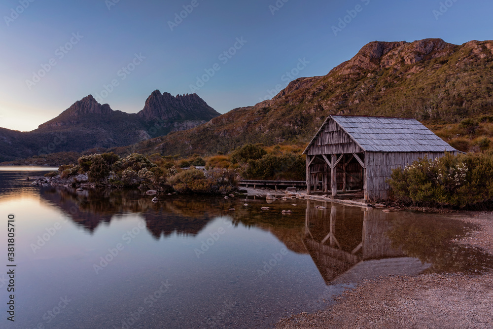 Dove Lake Boatshed (circa 1940) at first light - Cradle Mountain, Tasmania, Australia Dove Lake Boatshed (circa 1940) at first light - Cradle Mountain, Tasmania, Australia