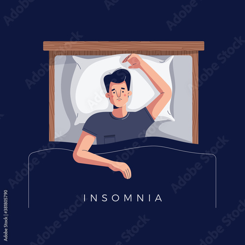 Sleepless young man suffers from insomnia, sleep disorder. Sad tired male character lying in bed with open eyes, trying to fall asleep. Space for text. Modern flat cartoon style, vector illustration