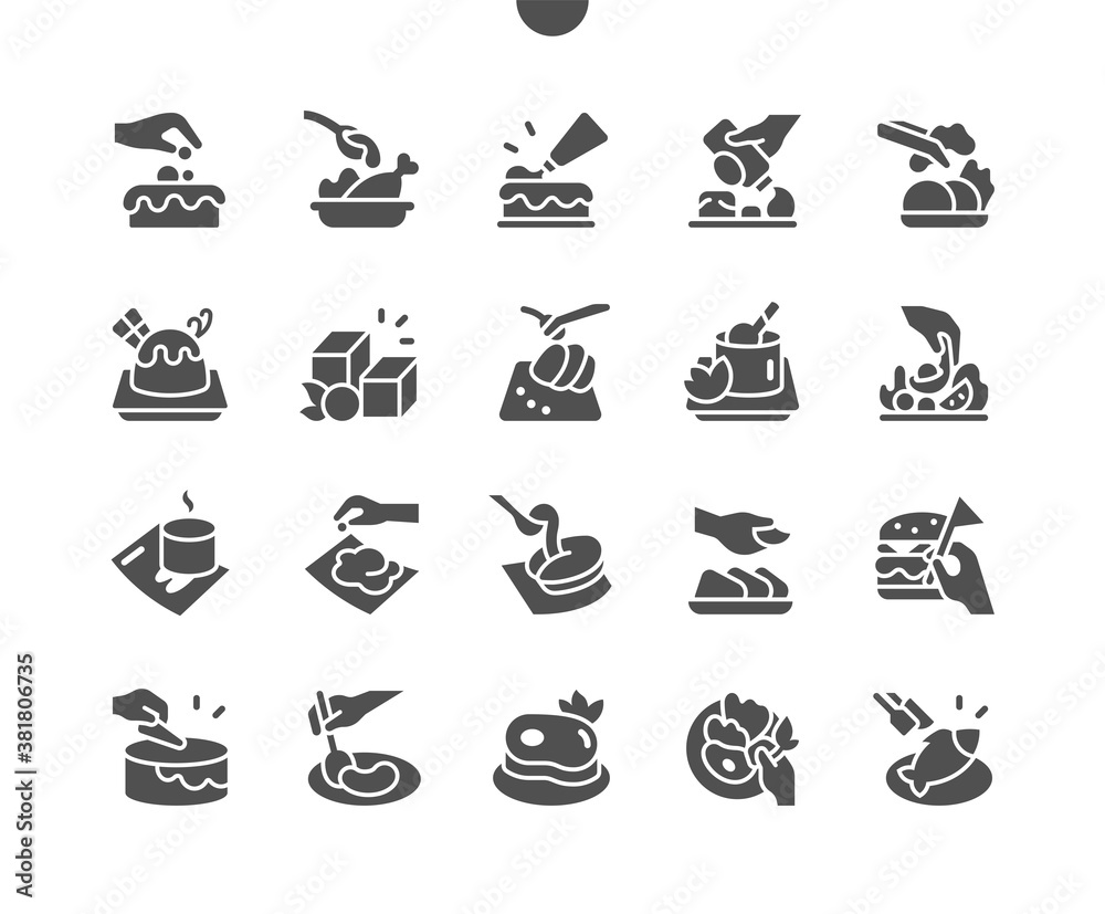 Chef prepares food in the kitchen, cooking and decorates the dish. Chef hand decorating pasta, salad. Menu for restaurant and cafe. Vector Solid Icons. Simple Pictogram