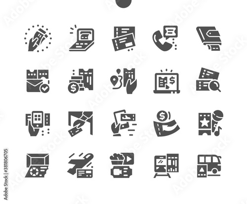 Concert ticket, invitation, show, party ticket, coupon, cinema tickets, entry. Online service to buy ticket. Music event concert ticket. Vector Solid Icons. Simple Pictogram