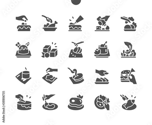 Chef prepares food in the kitchen, cooking and decorates the dish. Chef hand decorating pasta, salad. Menu for restaurant and cafe. Vector Solid Icons. Simple Pictogram