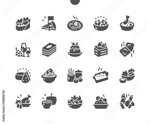 Italian cuisine. Oriental italian food. Pasta with mushrooms, cheese, rukkola and cherry tomatoes. Mediterranean culture. Menu for restaurant and cafe. Vector Solid Icons. Simple Pictogram