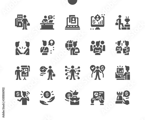Business people. Handshake. Successful team. Group of young businessmen. Communication and networking. Vector Solid Icons. Simple Pictogram