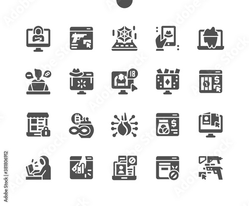 Dark side of web. Cybercrime, hacking and technology crime. Darknet. Transgressive behaviour. Platform for individuals to buy anonymously. Vector Solid Icons. Simple Pictogram