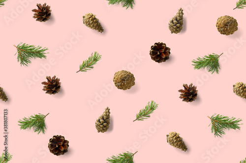 seamless christmas pattern from Pine cones on pink background. modern pine cone christmas collage. Print for paper, fabric, wallpaper pinecones